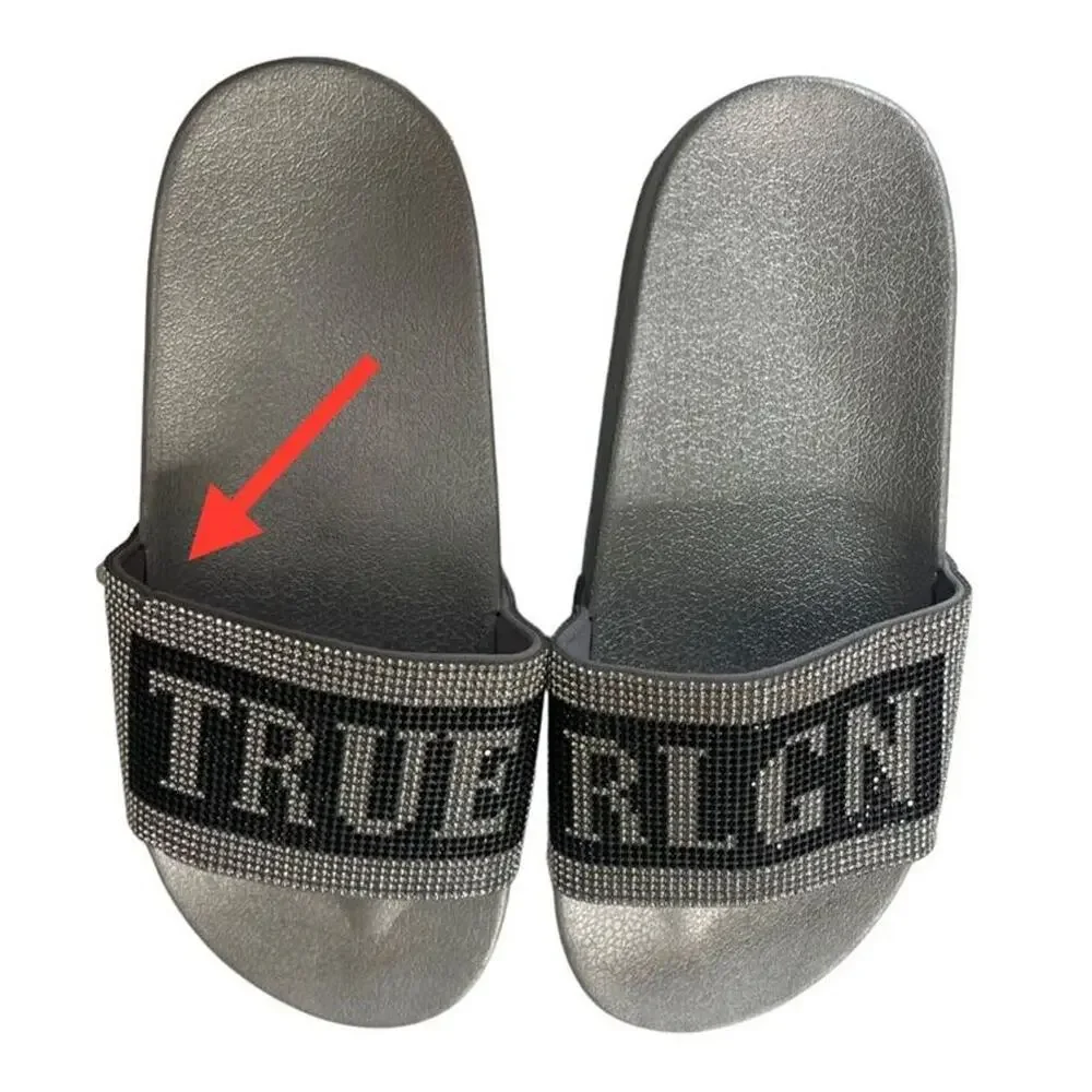 True Religion Crystal Embellished Rhinestone Jasmin Bling Slides Slip On Sandals